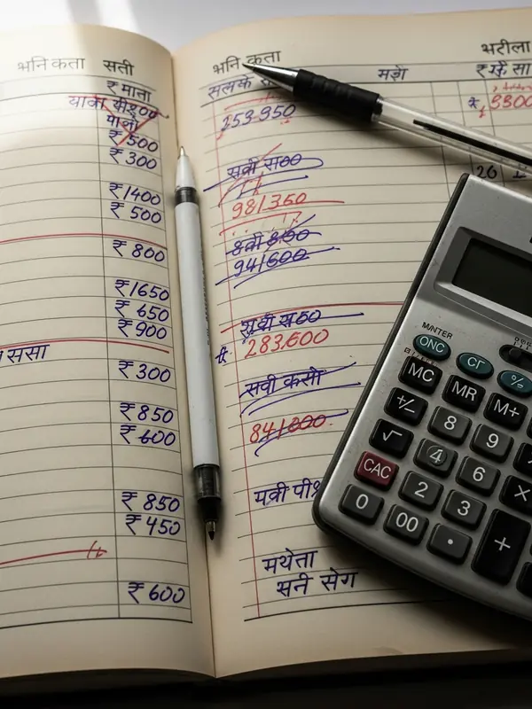 A messy paper bahi-khata book with crossed-out numbers and a calculator — the old way of running an Indian shop.